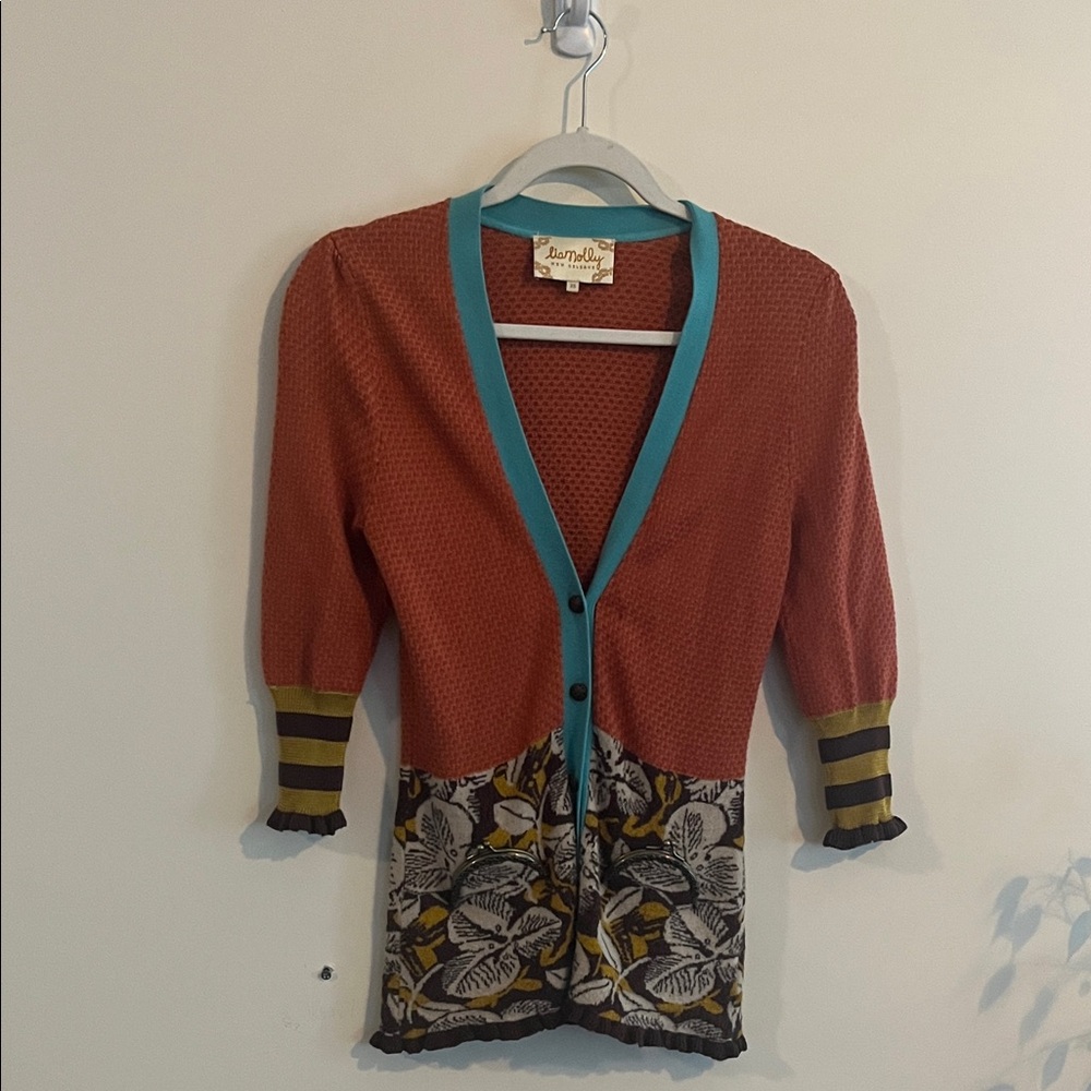 LiaMolly Artsy Cardigan Sweater Mixed Pattern Unique Wool‎ Blend Orange Blue